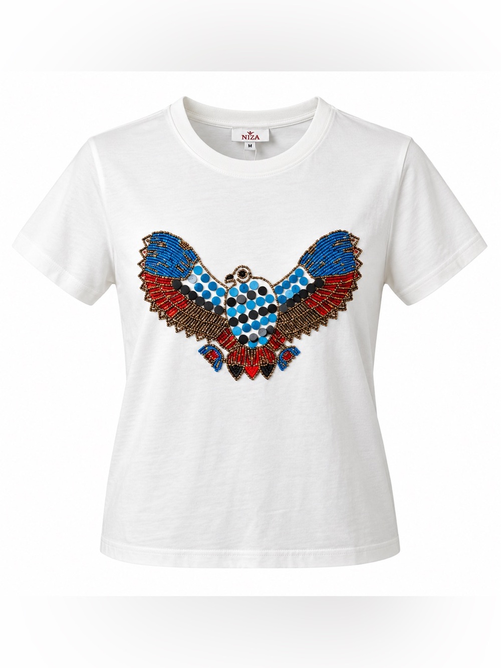 NIZA Hand Beaded Sequin Eagle Graphic White T-Shirt Medium